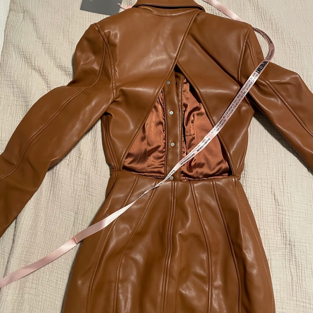 NWT House of CB Crystal Leather Open Back Tan Dress - Picture 5 of 8